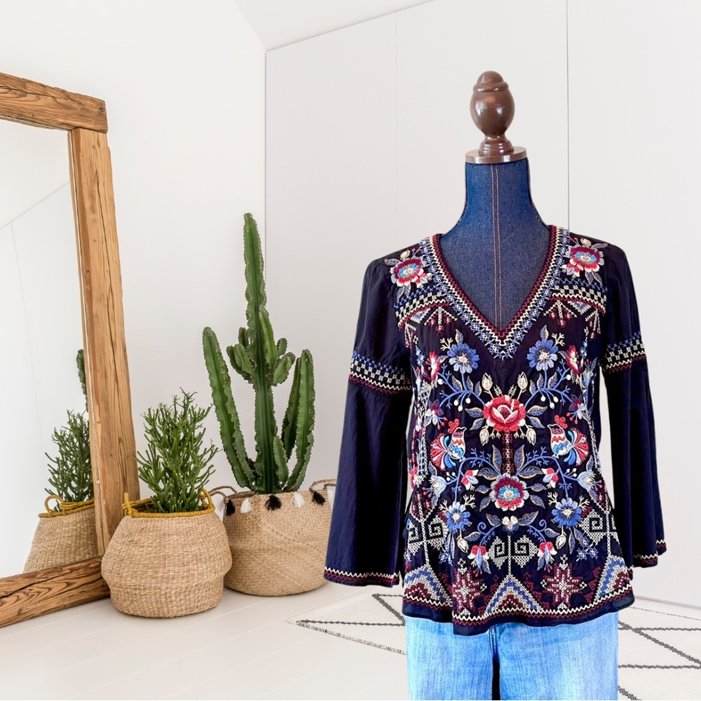 Johnny Was Slit Flare Sleeve Floral Bird Embroidered Top
